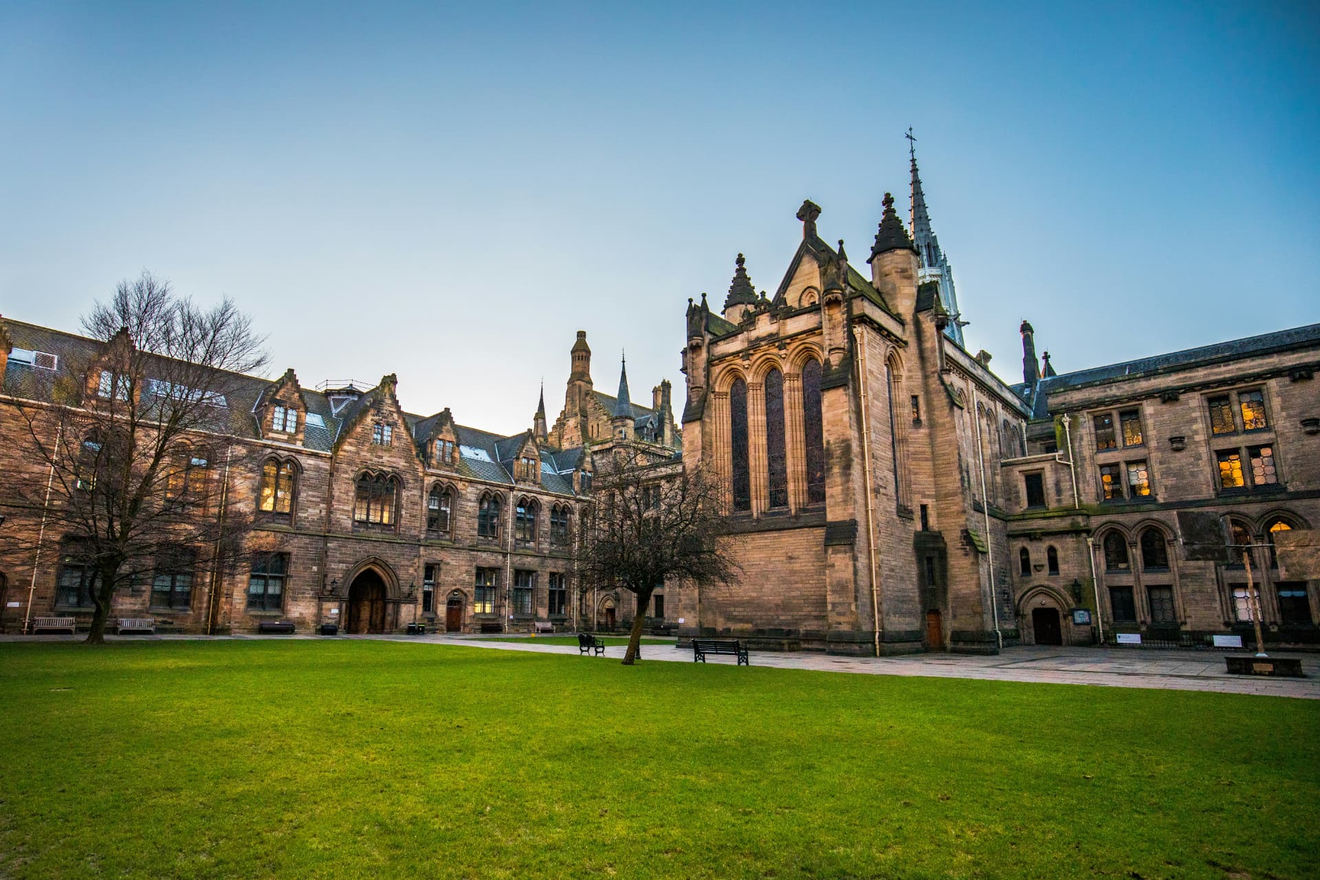A historic university building and courtyard